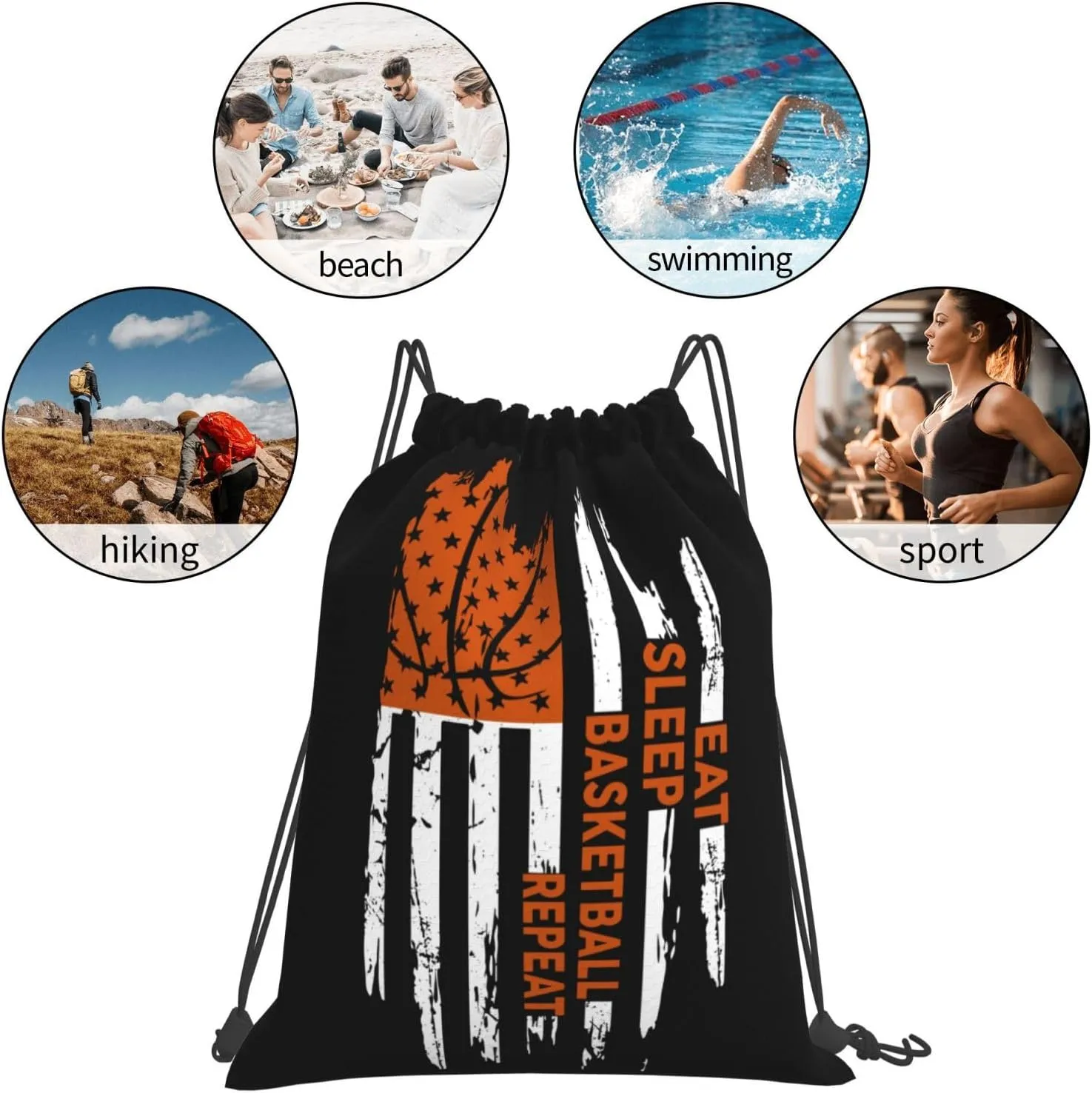 Eat Sleep Basketball Repeat Unisex Drawstring Backpack Bag Sport Gym Swim Travel Sackpack