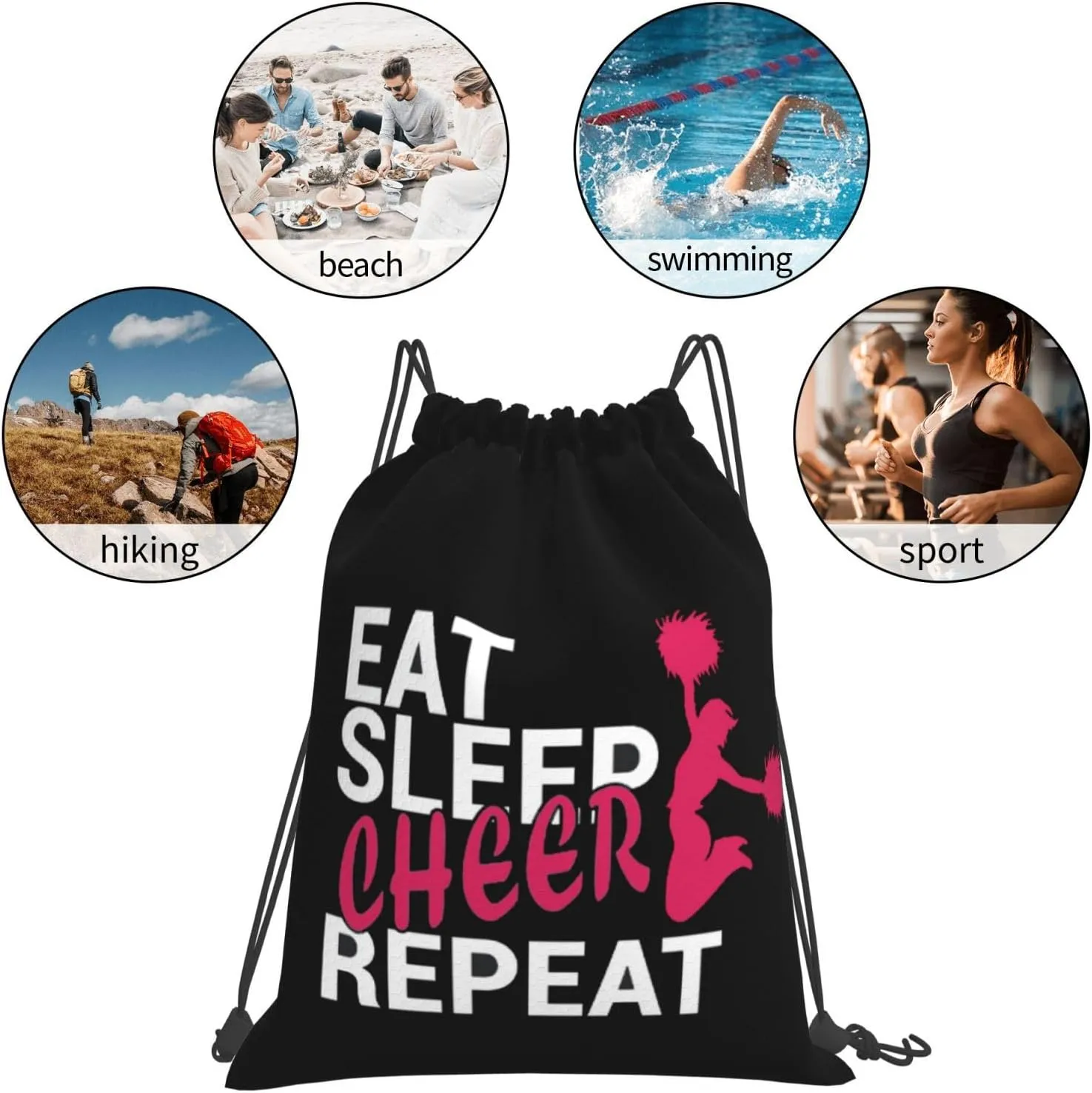 Eat Sleep Cheer Repeat Unisex Drawstring Backpack Bag Sport Gym Swim Travel Sackpack