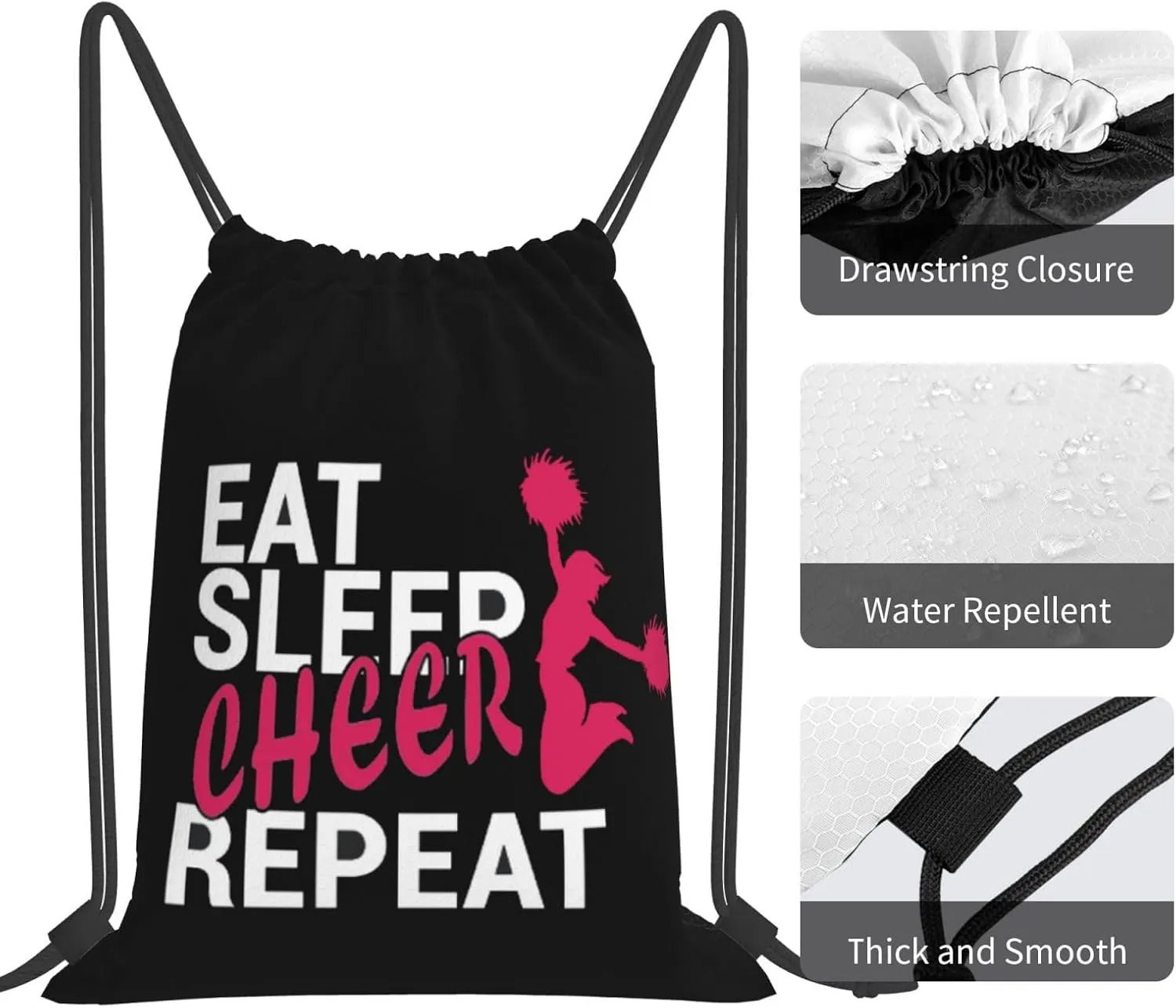 Eat Sleep Cheer Repeat Unisex Drawstring Backpack Bag Sport Gym Swim Travel Sackpack