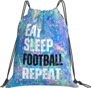 Eat Sleep Football Repeat Drawstring Backpack Gym String Bag Sports Drawstring Sackpack For Women Men