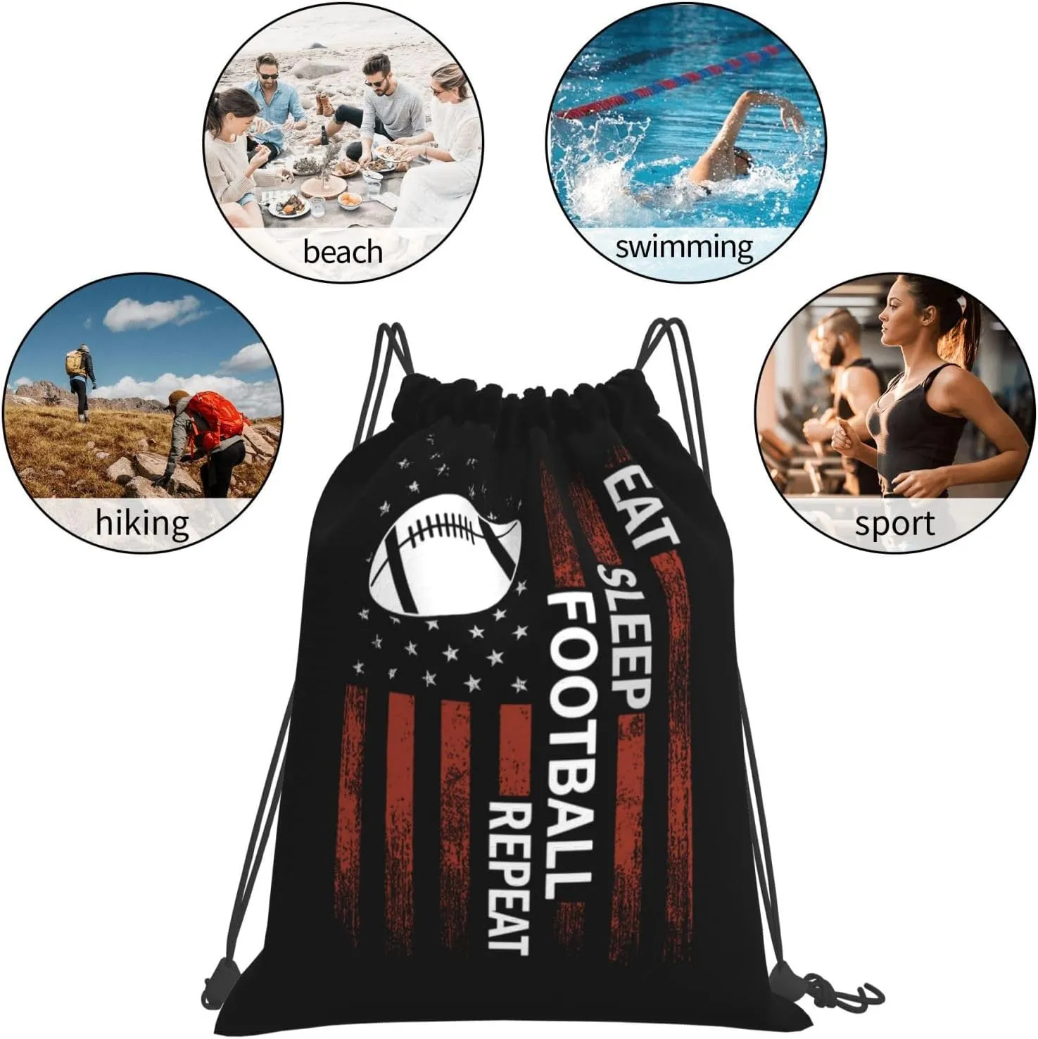 Eat Sleep Football Repeat Unisex Drawstring Backpack Bag Sport Gym Swim Travel Sackpack