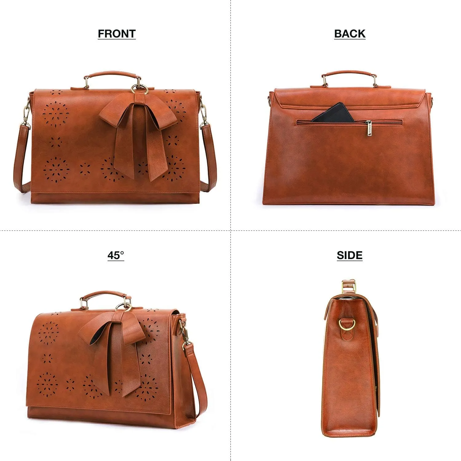 ECOSUSI Women's Briefcase Vegan Leather Laptop Bag for Work Shoulder Computer Satchel Bag with Detachable Bow