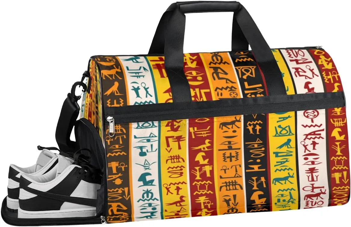 Egyptian Ancient Art Gym Bag for Women Men Sports Travel Duffel Bag Durable Weekend Overnight Bag with Shoe Compartment Waterproof Workout Duffle Bag for Travel Gym