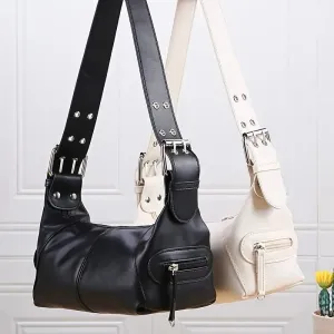Elegant Leather Baguette Satchel Shoulder Handbag Purse for Women Single Shoulder Strap Zipper Messenger Bag