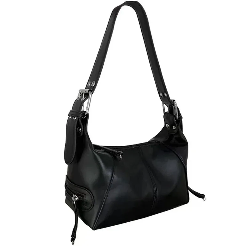 Elegant Leather Baguette Satchel Shoulder Handbag Purse for Women Single Shoulder Strap Zipper Messenger Bag