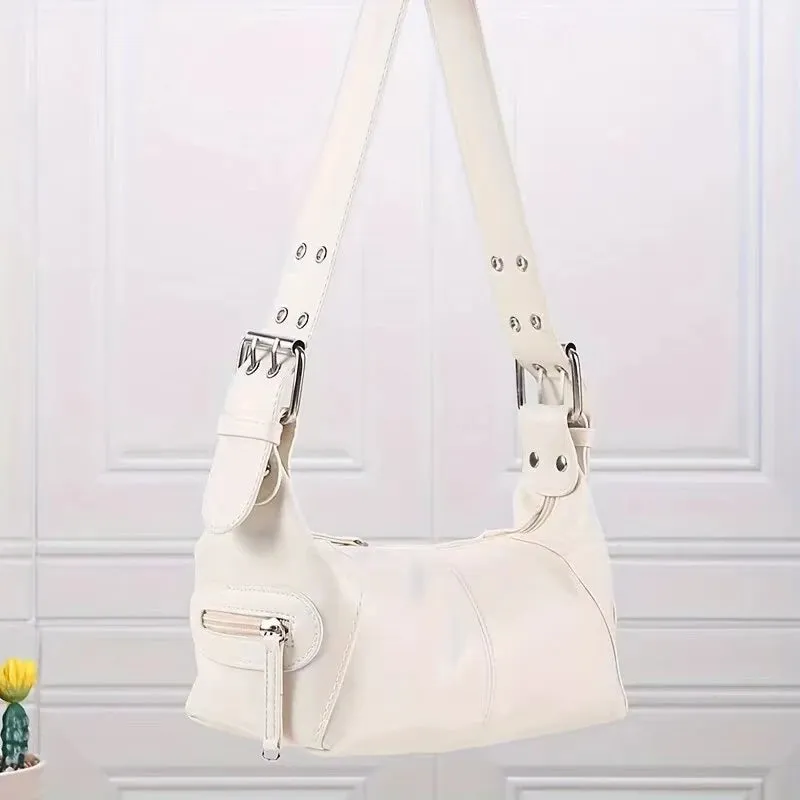 Elegant Leather Baguette Satchel Shoulder Handbag Purse for Women Single Shoulder Strap Zipper Messenger Bag