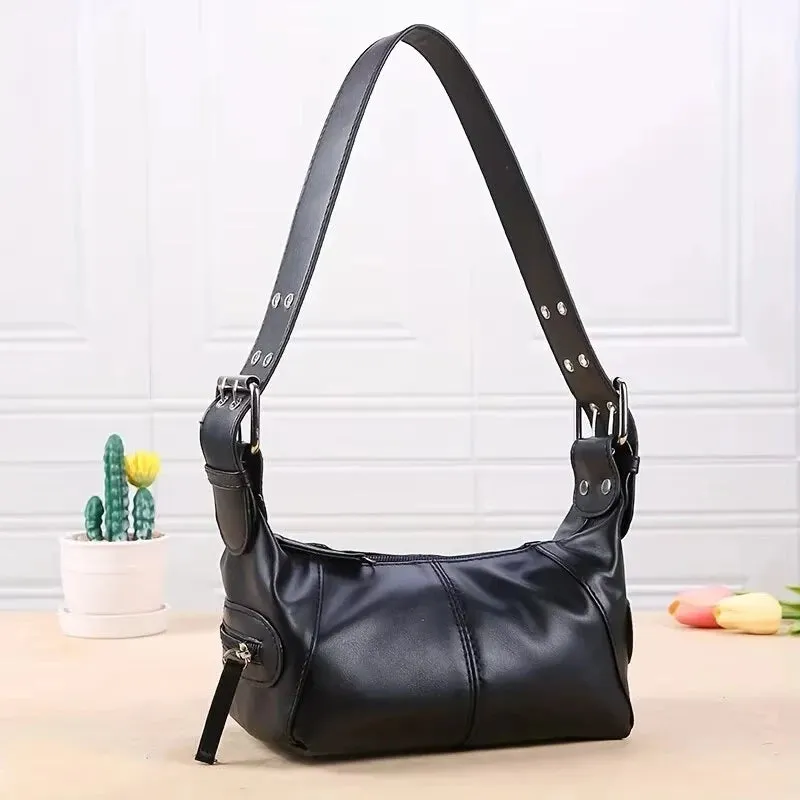 Elegant Leather Baguette Satchel Shoulder Handbag Purse for Women Single Shoulder Strap Zipper Messenger Bag