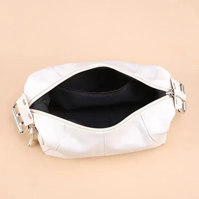 Elegant Leather Baguette Satchel Shoulder Handbag Purse for Women Single Shoulder Strap Zipper Messenger Bag