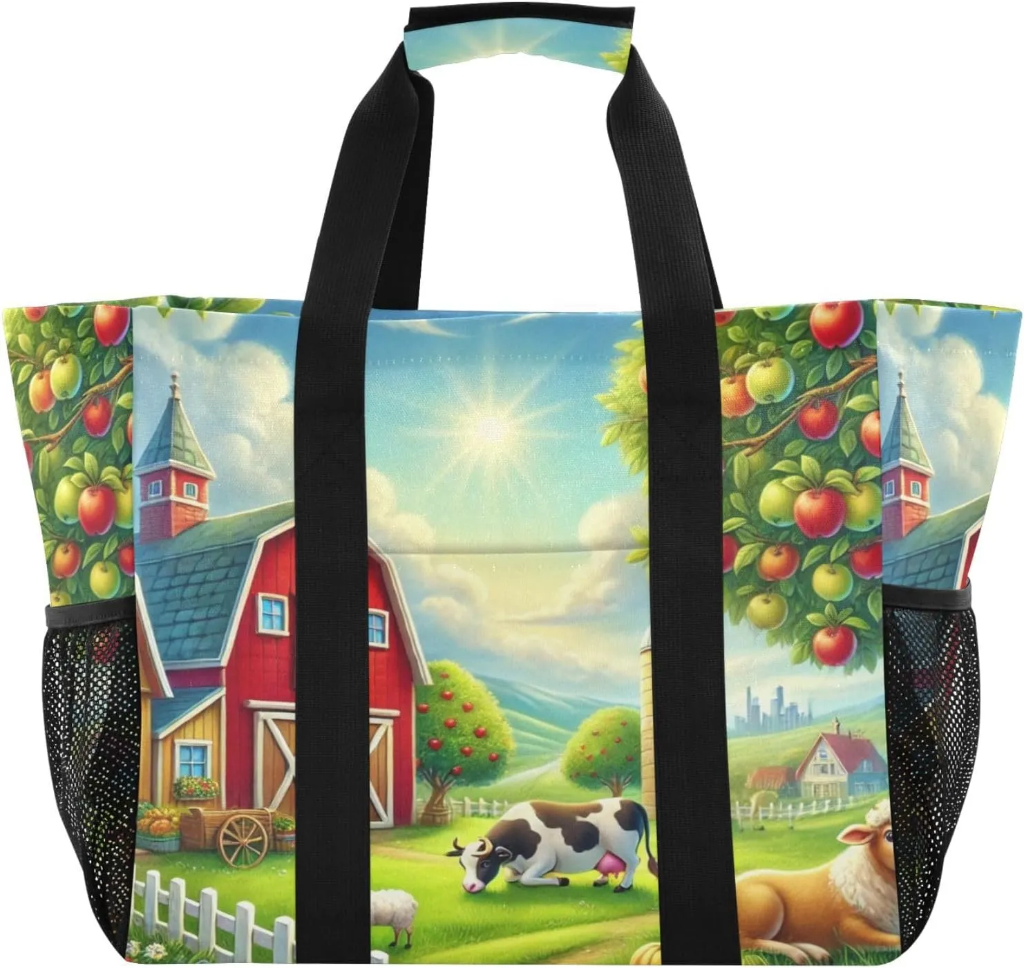 Emelivor Barn Cow Green Large Tote Bag Foldable Diaper Grocery Bags Canvas Travel Beach Tote Bag Handbags Pool Bag for Women Shopping Work Gym with Handle