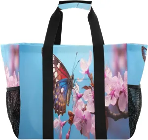 Emelivor Pretty Butterfly Peach Large Tote Bag Foldable Canvas Travel Beach Tote Bag Pool Grocery Diaper Bags Handbags for Women Men Daily Shopping Gym Work