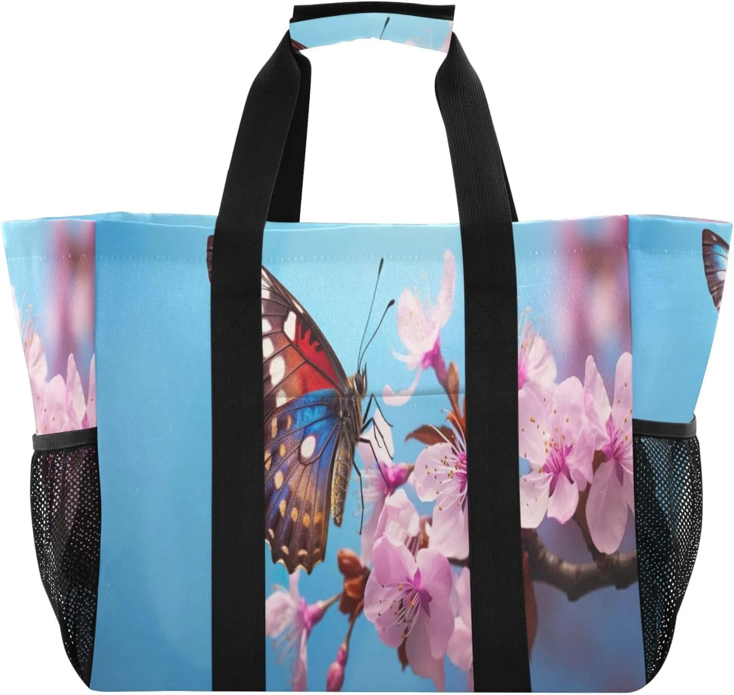 Emelivor Pretty Butterfly Peach Large Tote Bag Foldable Canvas Travel Beach Tote Bag Pool Grocery Diaper Bags Handbags for Women Men Daily Shopping Gym Work