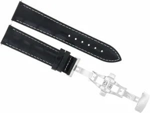 Ewatchparts 22mm Leather Watch Band Strap Deployment Clasp Buckle Compatible With Breguet Watch Black With White Stitching