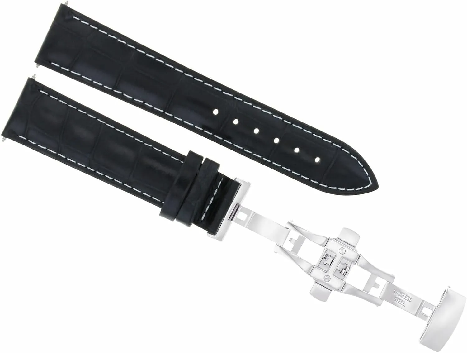 Ewatchparts 22mm Leather Watch Band Strap Deployment Clasp Buckle Compatible With Breguet Watch Black With White Stitching