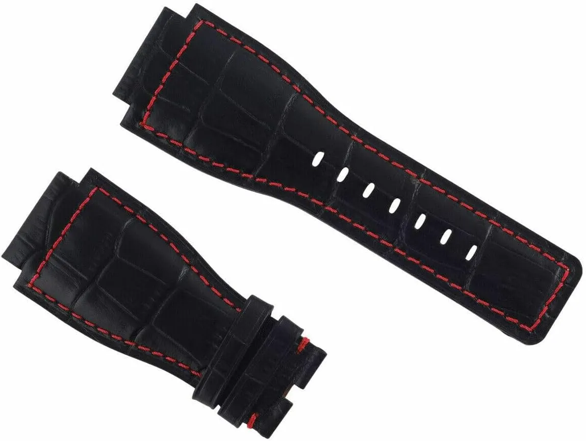 Ewatchparts 24mm Genuine Leather Watch Band Strap Compatible With Bell & Ross BR01-BR03 Black With With Red Stitching