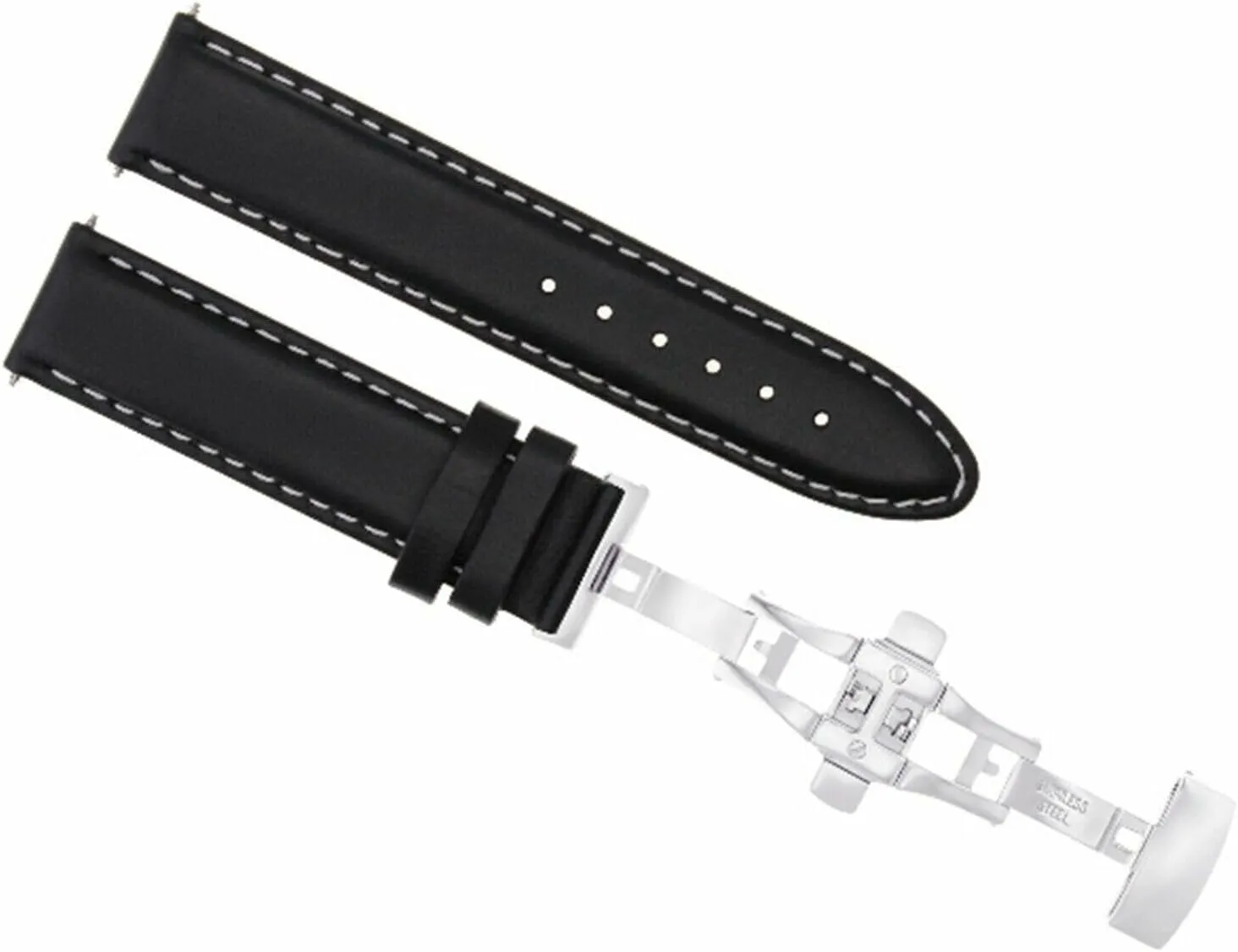 Ewatchparts 24mm Leather Watch Band Smooth Strap Compatible With Ulysse Nardin Deployment Clasp Black With White Stitching
