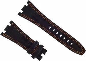 Ewatchparts 28mm Leather Watch Band Strap Compatible With Audemars Piguet Royal Oak Black With Orange Stitching
