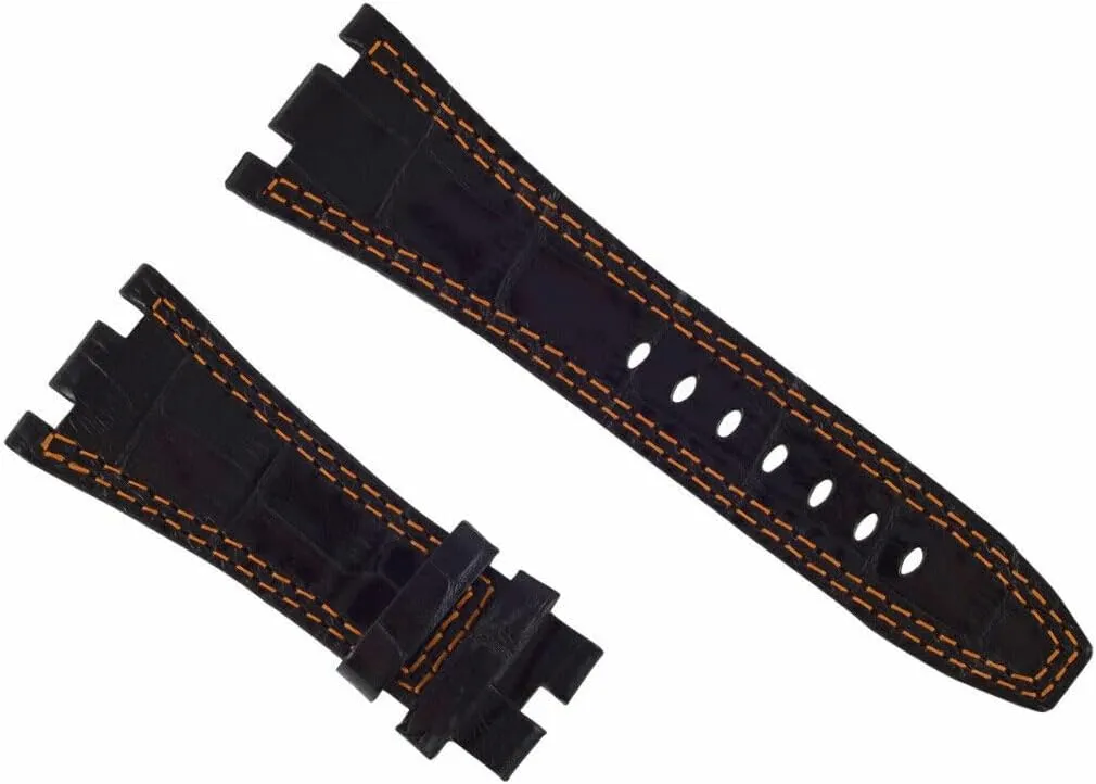 Ewatchparts 28mm Leather Watch Band Strap Compatible With Audemars Piguet Royal Oak Black With Orange Stitching