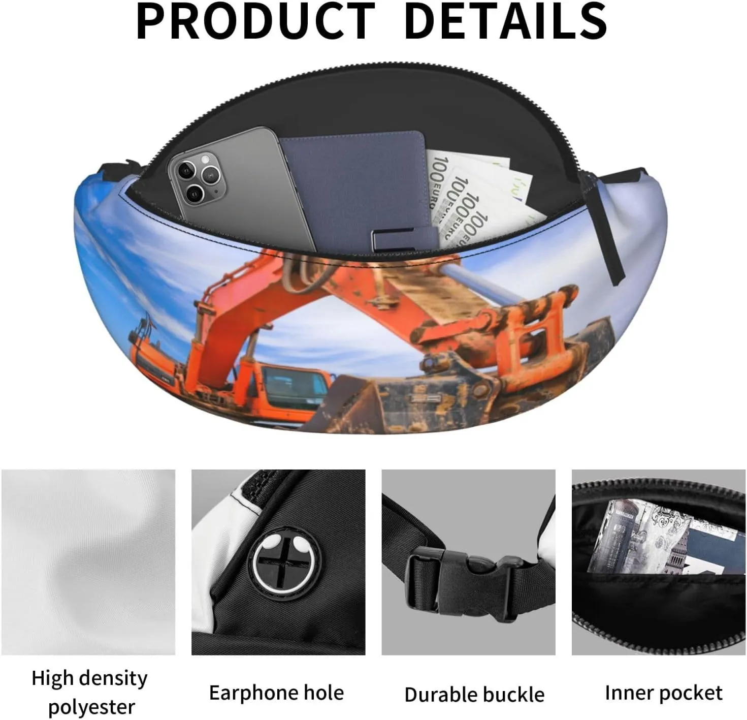 Excavator White Clouds Fanny Pack, Crossbody Waist Packs for Women Men Waist Bags with Adjustable Strap for Travel Running Hiking Sport