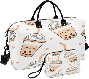 Exnundod Cute Bubble Milk Green Tea Cups Travel Duffel Bags for Women Sports Gym Bag Weekender Carry On Tote Overnight Luggage Duffle Bags