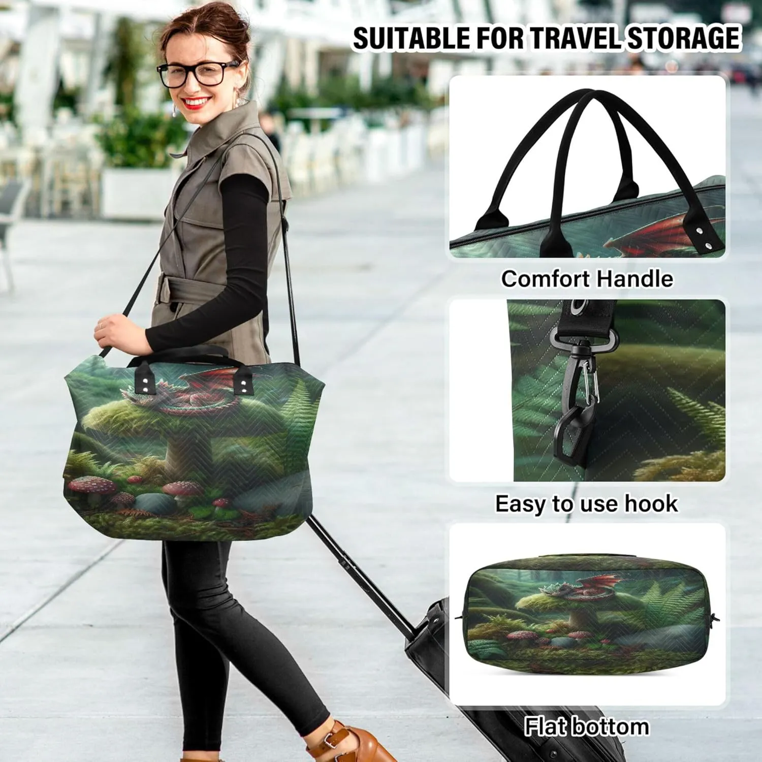 Exnundod Magical Dragon Forest Travel Duffel Bags for Women Mushroom Sports Gym Bag Weekender Carry On Tote Overnight Luggage Duffle Bags