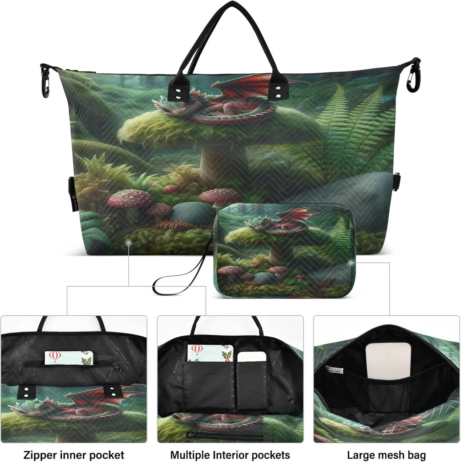 Exnundod Magical Dragon Forest Travel Duffel Bags for Women Mushroom Sports Gym Bag Weekender Carry On Tote Overnight Luggage Duffle Bags