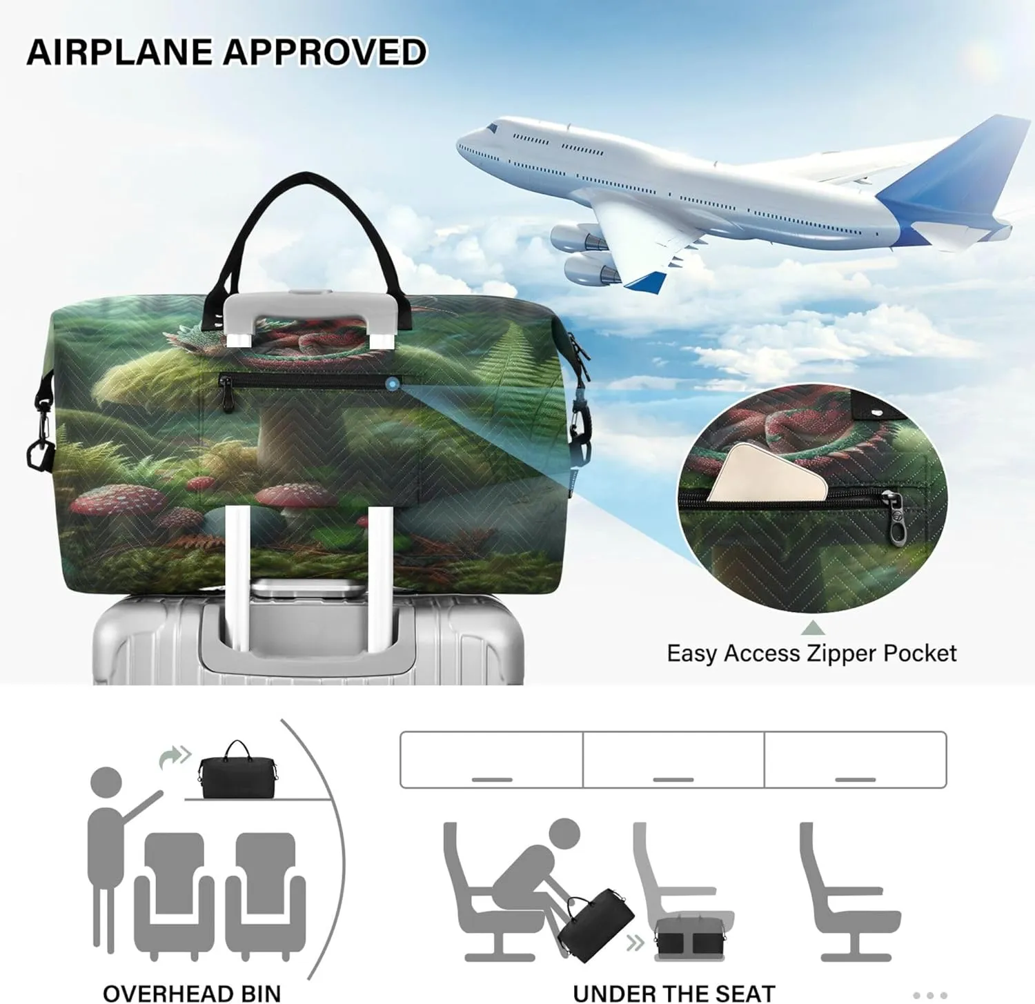 Exnundod Magical Dragon Forest Travel Duffel Bags for Women Mushroom Sports Gym Bag Weekender Carry On Tote Overnight Luggage Duffle Bags