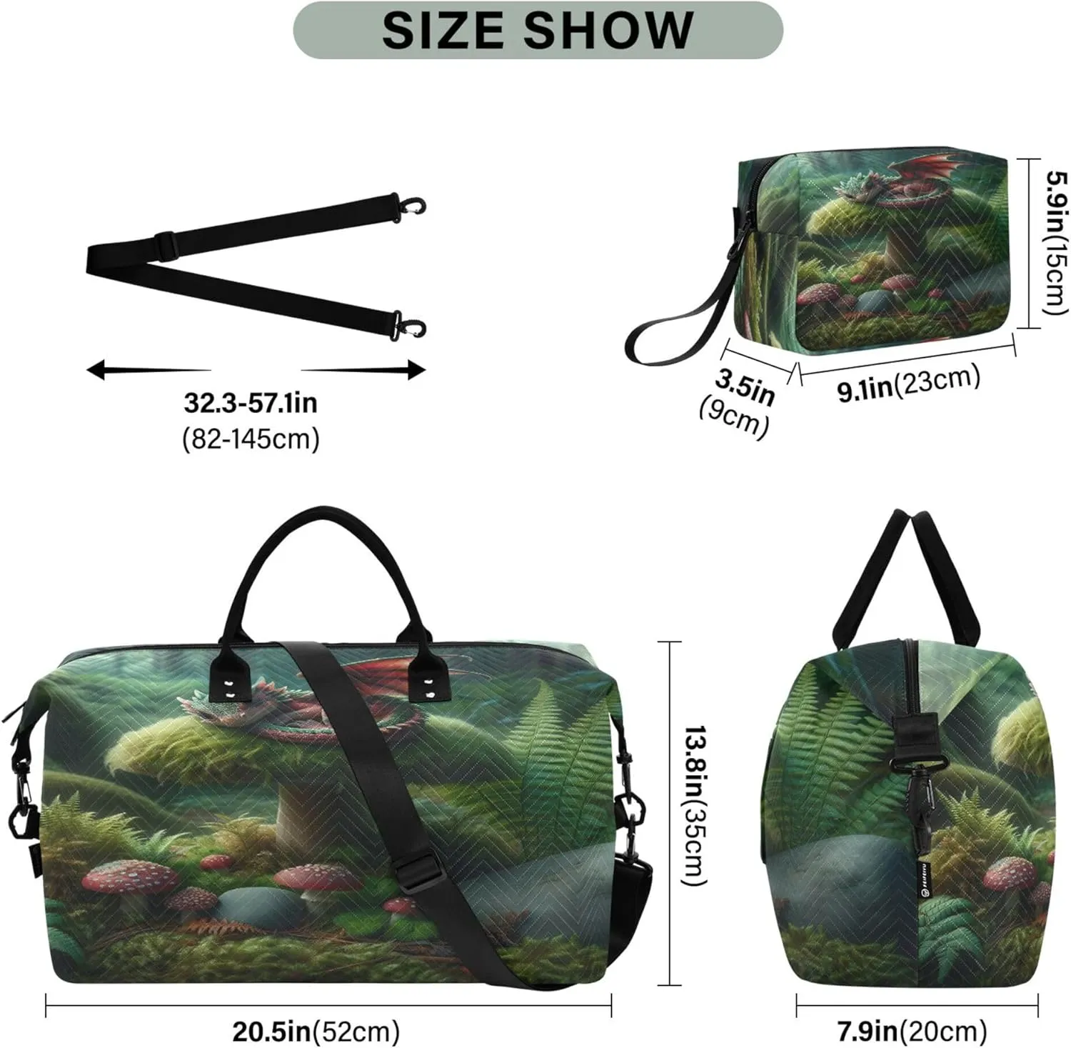 Exnundod Magical Dragon Forest Travel Duffel Bags for Women Mushroom Sports Gym Bag Weekender Carry On Tote Overnight Luggage Duffle Bags