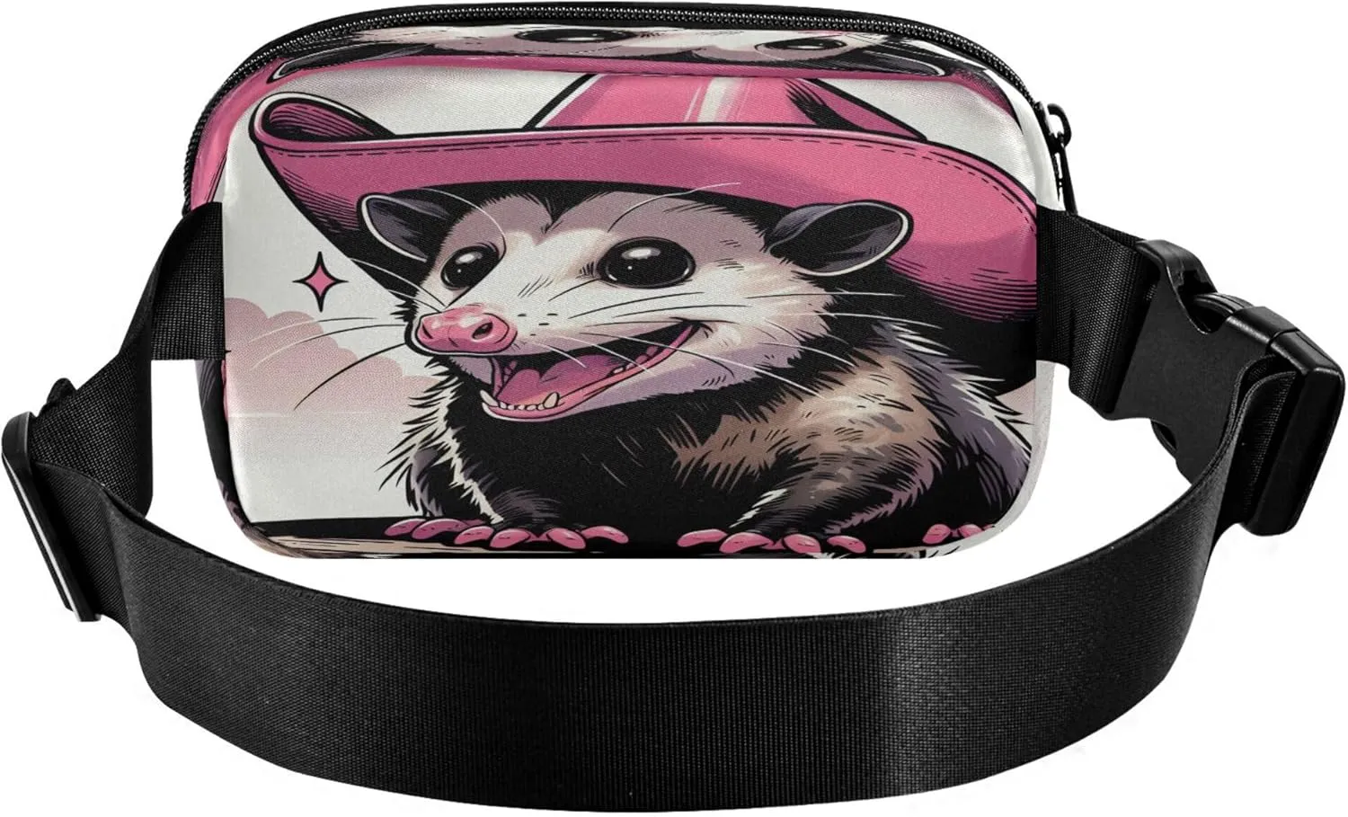 Exnundod Possum Pink Cowboy Hat Fanny Pack Crossbody Waist, Cartoon Cute Fashion Waist Bag Waterproof Adjustable Belt Bag for Running Workout Travel