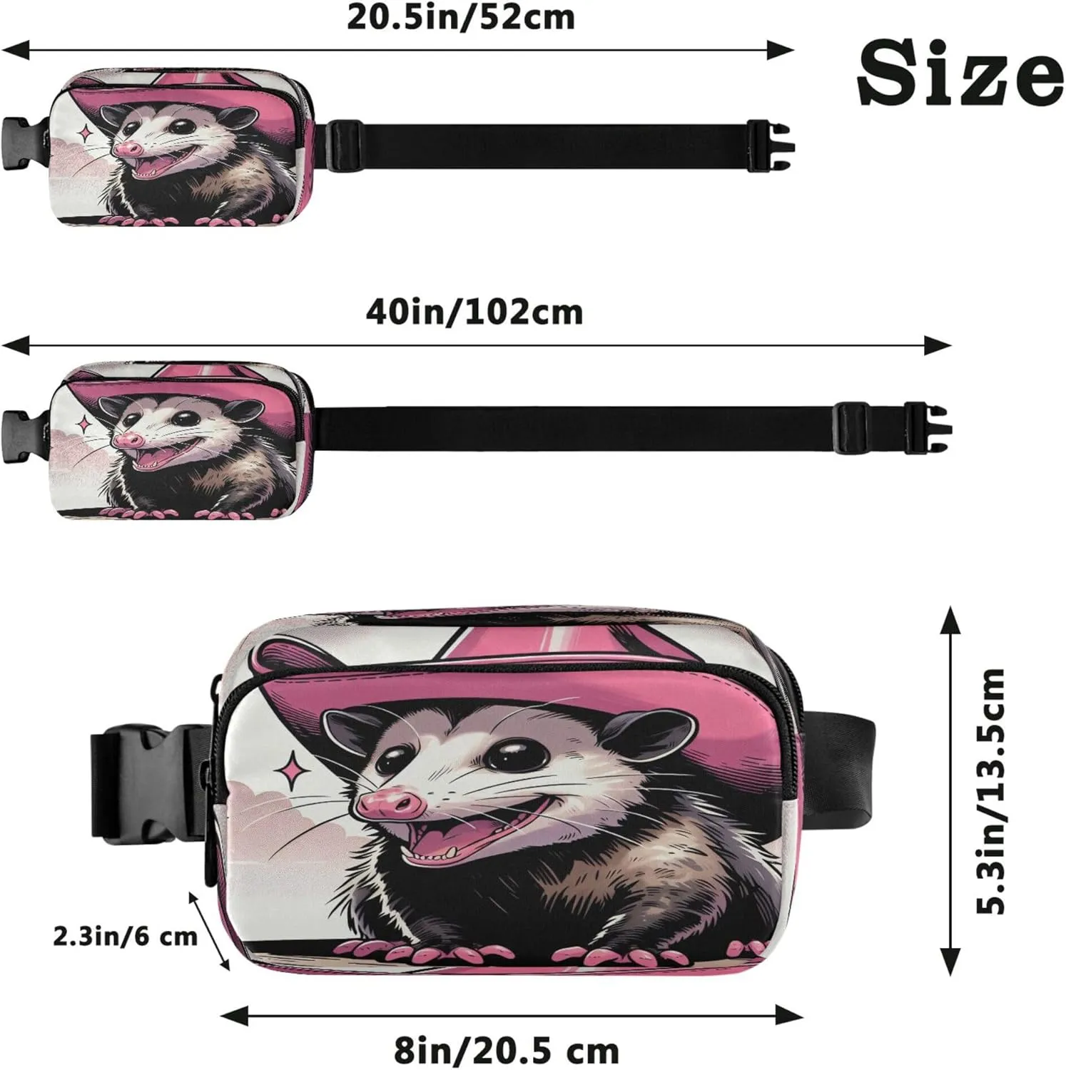Exnundod Possum Pink Cowboy Hat Fanny Pack Crossbody Waist, Cartoon Cute Fashion Waist Bag Waterproof Adjustable Belt Bag for Running Workout Travel