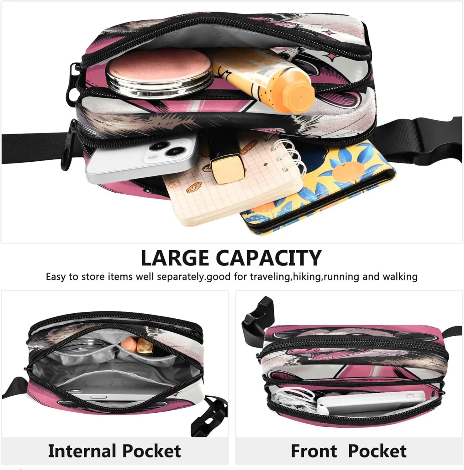 Exnundod Possum Pink Cowboy Hat Fanny Pack Crossbody Waist, Cartoon Cute Fashion Waist Bag Waterproof Adjustable Belt Bag for Running Workout Travel