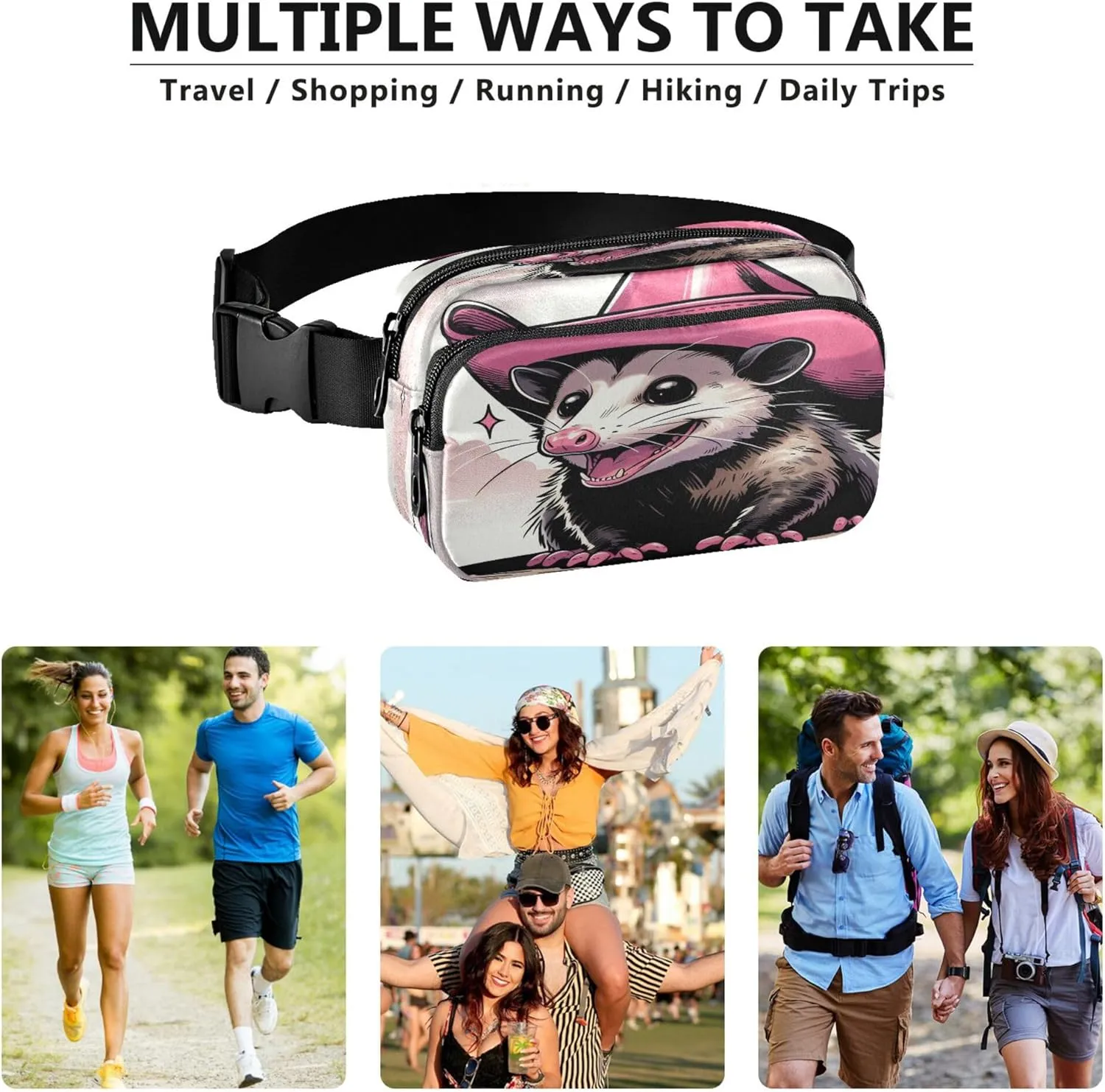 Exnundod Possum Pink Cowboy Hat Fanny Pack Crossbody Waist, Cartoon Cute Fashion Waist Bag Waterproof Adjustable Belt Bag for Running Workout Travel