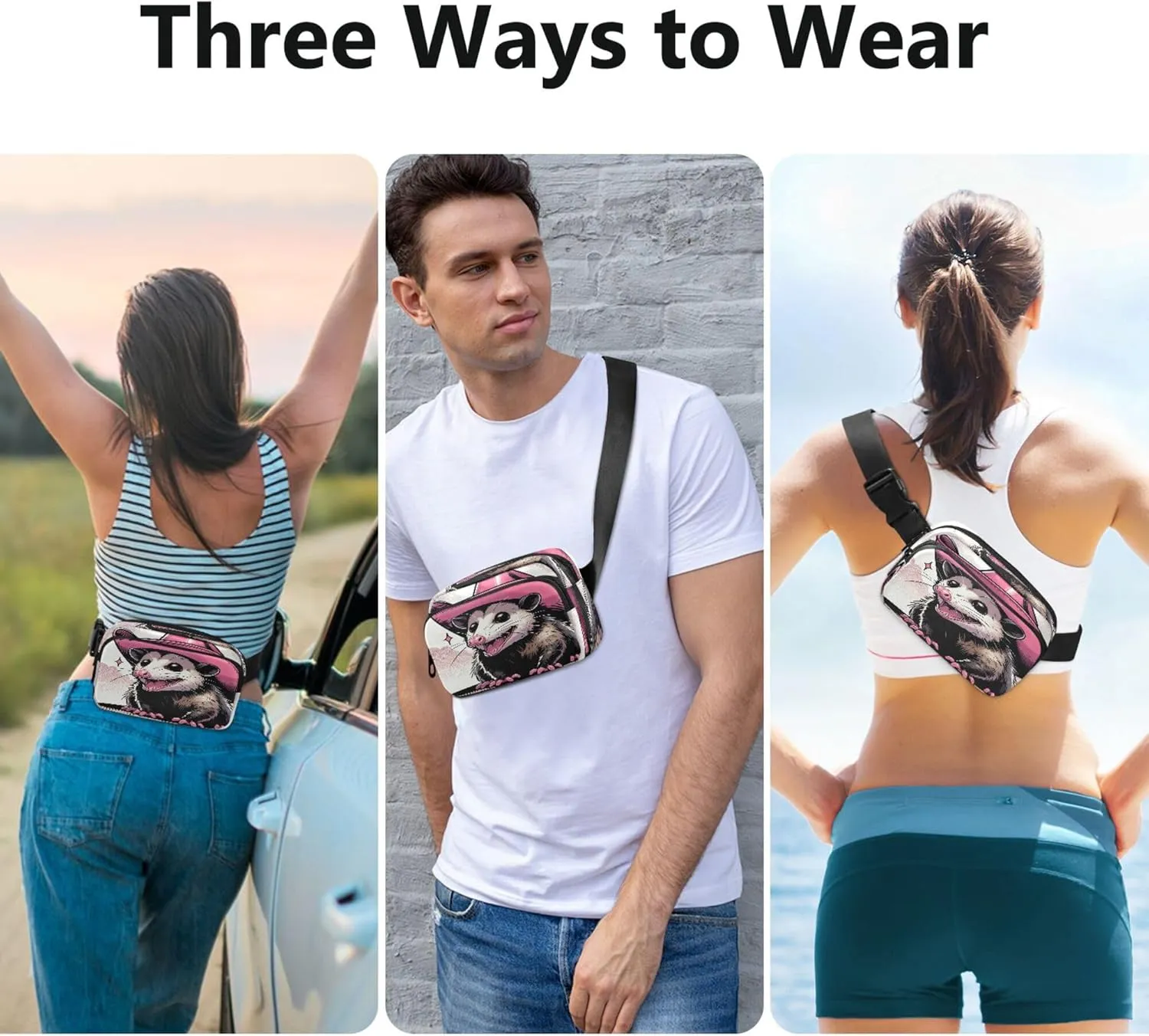 Exnundod Possum Pink Cowboy Hat Fanny Pack Crossbody Waist, Cartoon Cute Fashion Waist Bag Waterproof Adjustable Belt Bag for Running Workout Travel