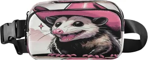 Exnundod Possum Pink Cowboy Hat Fanny Pack Crossbody Waist, Cartoon Cute Fashion Waist Bag Waterproof Adjustable Belt Bag for Running Workout Travel