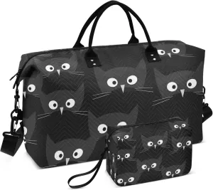 Exnundod Travel Duffel Bags Black Cat Face with Big Eyes Sports Gym Bag Weekender Carry On Tote Overnight Luggage Bags for Women and Men