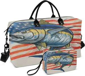 Exnundod Travel Duffel Bags Tuna Fish American Flag Sports Gym Bag 4th Of July Weekender Carry On Tote Overnight Luggage Bags for Women and Men