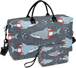 Exnundod Women Weekender Bags Cute Shark Swim Ring Travel Duffel Bags Carry On Overnight Bag Cartoon Large Hospital Tote Luggage