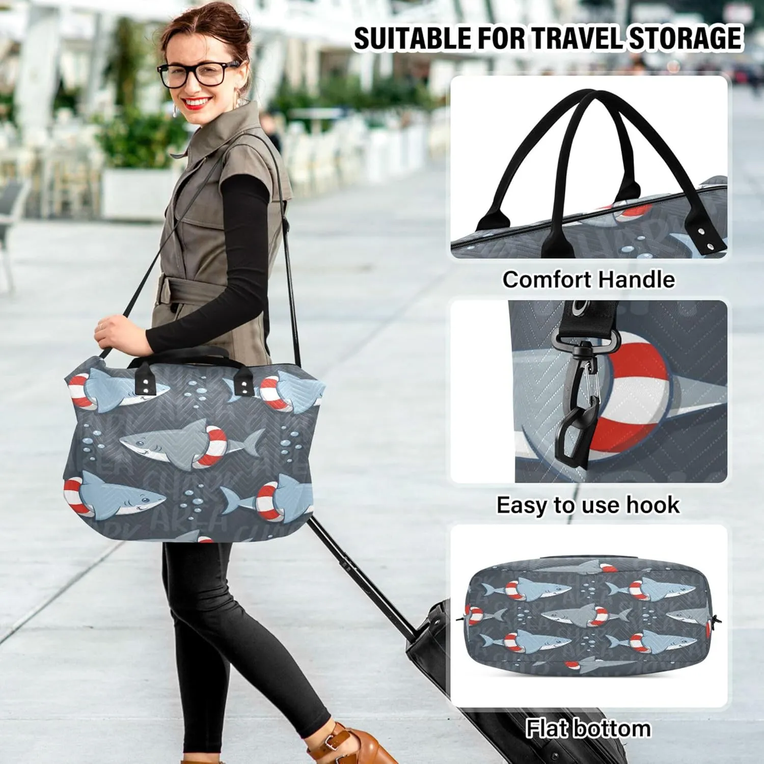 Exnundod Women Weekender Bags Cute Shark Swim Ring Travel Duffel Bags Carry On Overnight Bag Cartoon Large Hospital Tote Luggage