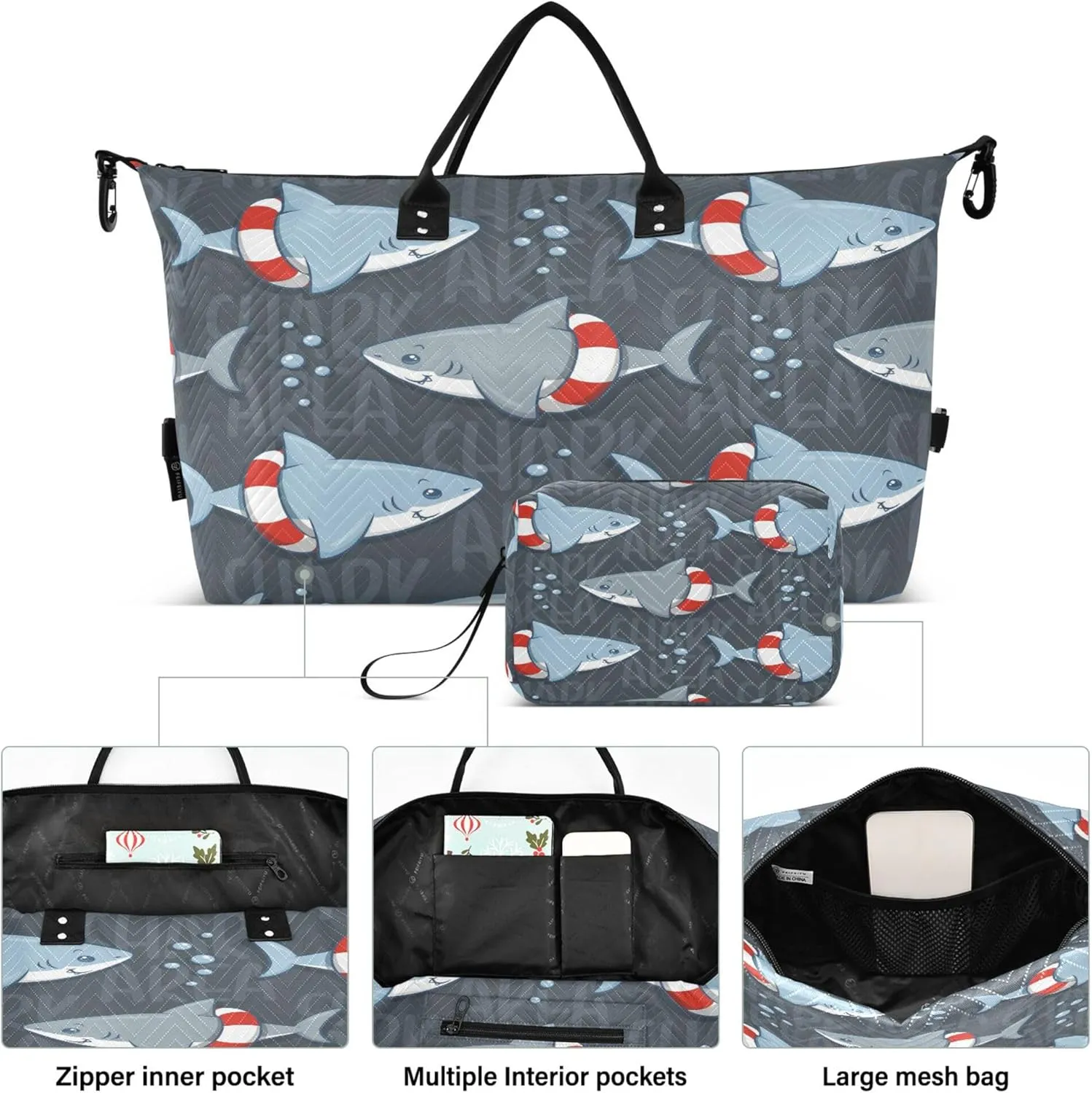 Exnundod Women Weekender Bags Cute Shark Swim Ring Travel Duffel Bags Carry On Overnight Bag Cartoon Large Hospital Tote Luggage