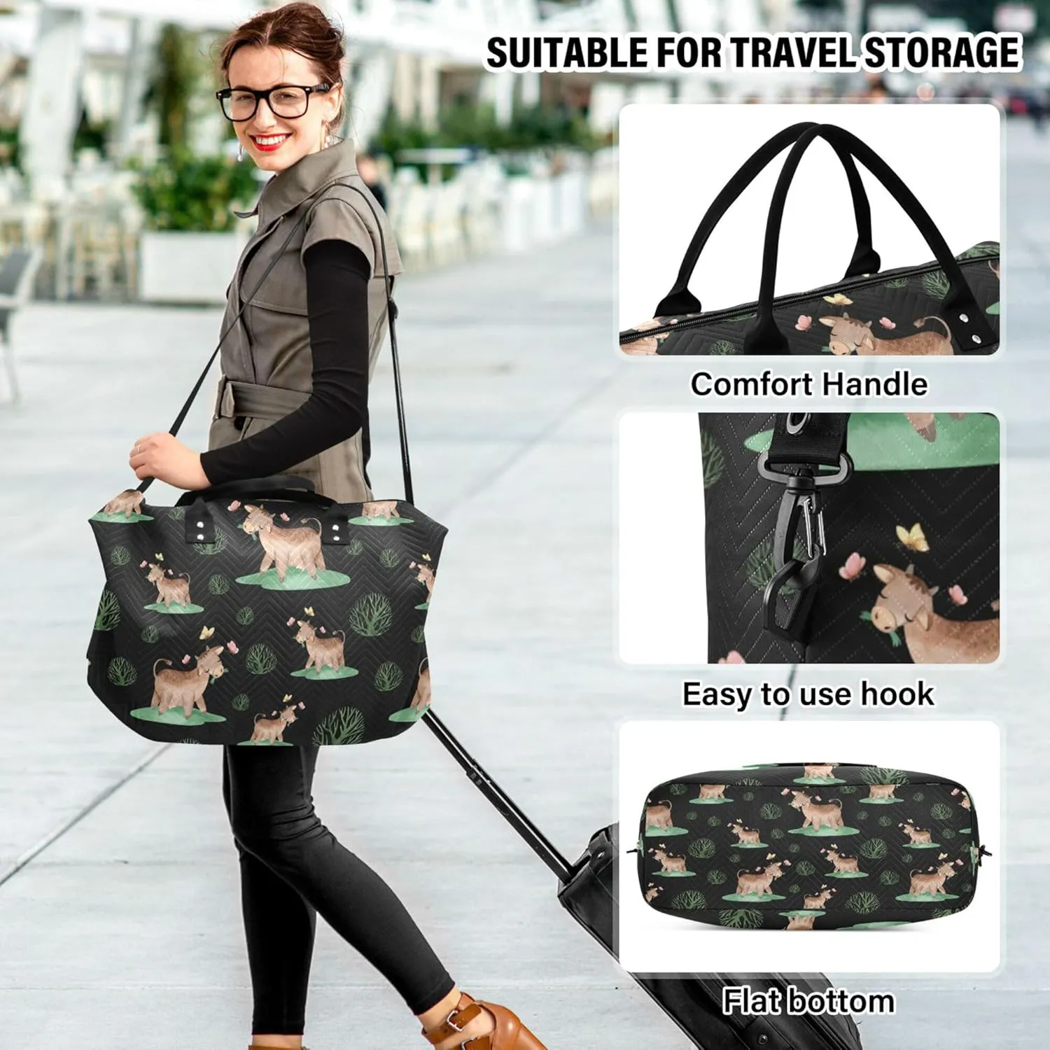 Exnundod Women Weekender Bags Little Farm Cattle Travel Duffel Bags Carry On Overnight Bag Butterfly Leaves Large Hospital Tote Luggage