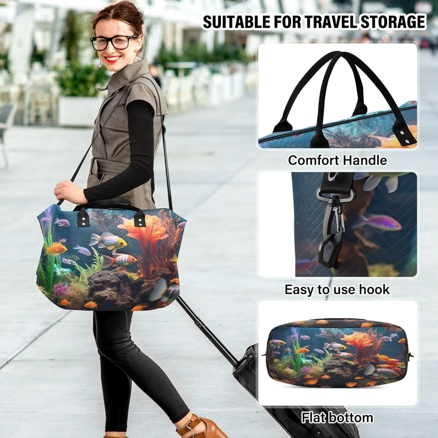 Exnundod Women Weekender Bags Ropical Sea Underwater Fishes Travel Duffel Bags Carry On Overnight Bag Coral Reef Large Hospital Tote Luggage