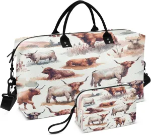 Exnundod Women Weekender Bags Watercolor Highland Cow Gym Bags Carry On Overnight Duffle Animals Large Duffle Tote Hospital Bag for Business Trip, Yoga