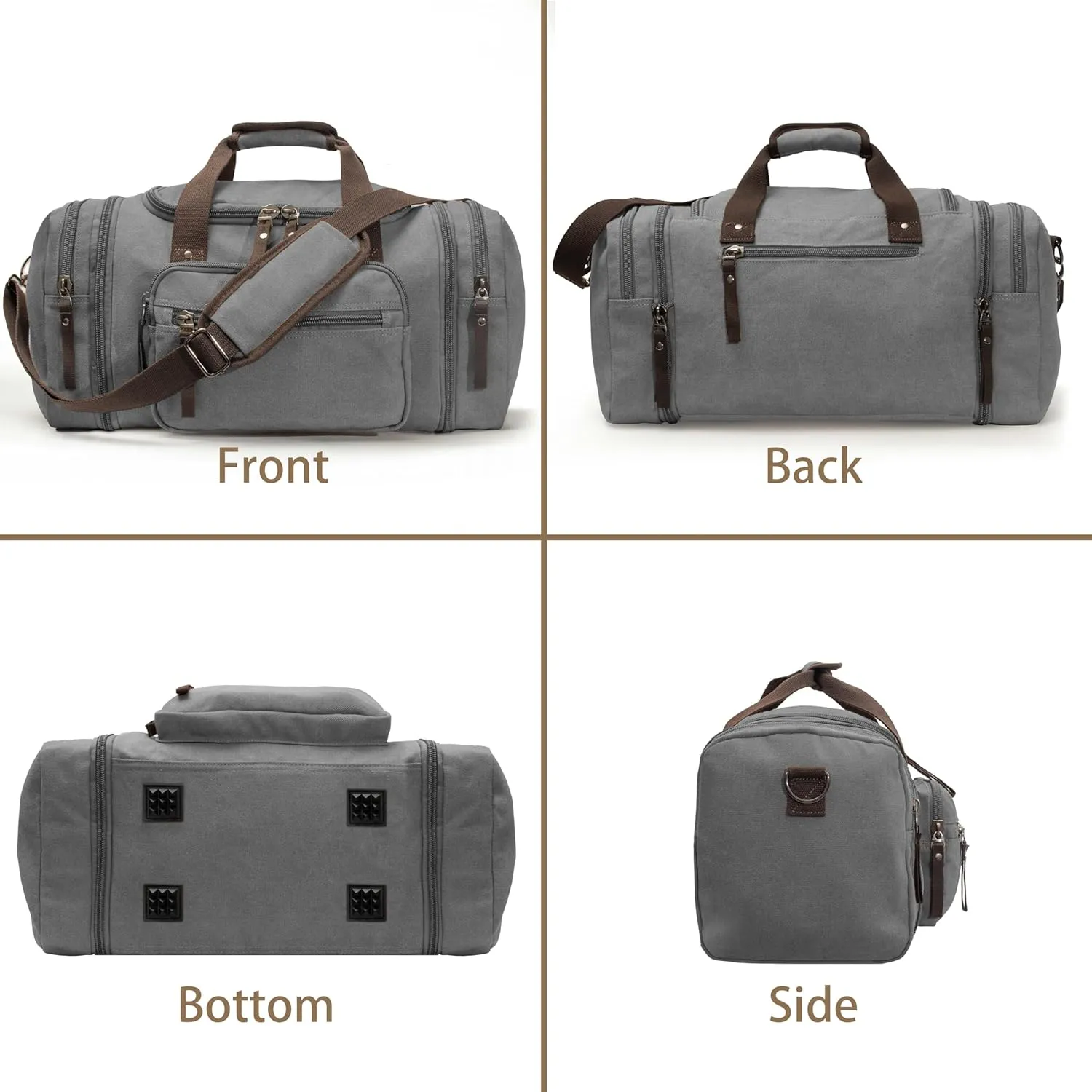 Expandable 60L Large Capacity Canvas Travel Bag With Adjustable Shoulder Strap - Big Heavy Duty Crossbody Weekender - Grey
