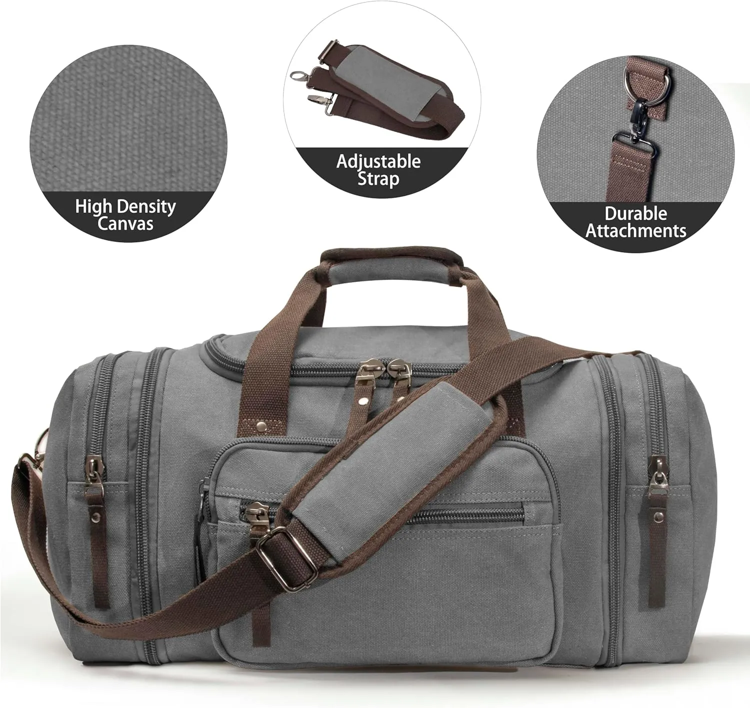 Expandable 60L Large Capacity Canvas Travel Bag With Adjustable Shoulder Strap - Big Heavy Duty Crossbody Weekender - Grey