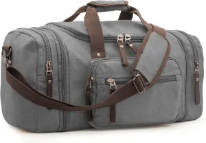 Expandable 60L Large Capacity Canvas Travel Bag With Adjustable Shoulder Strap - Big Heavy Duty Crossbody Weekender - Grey
