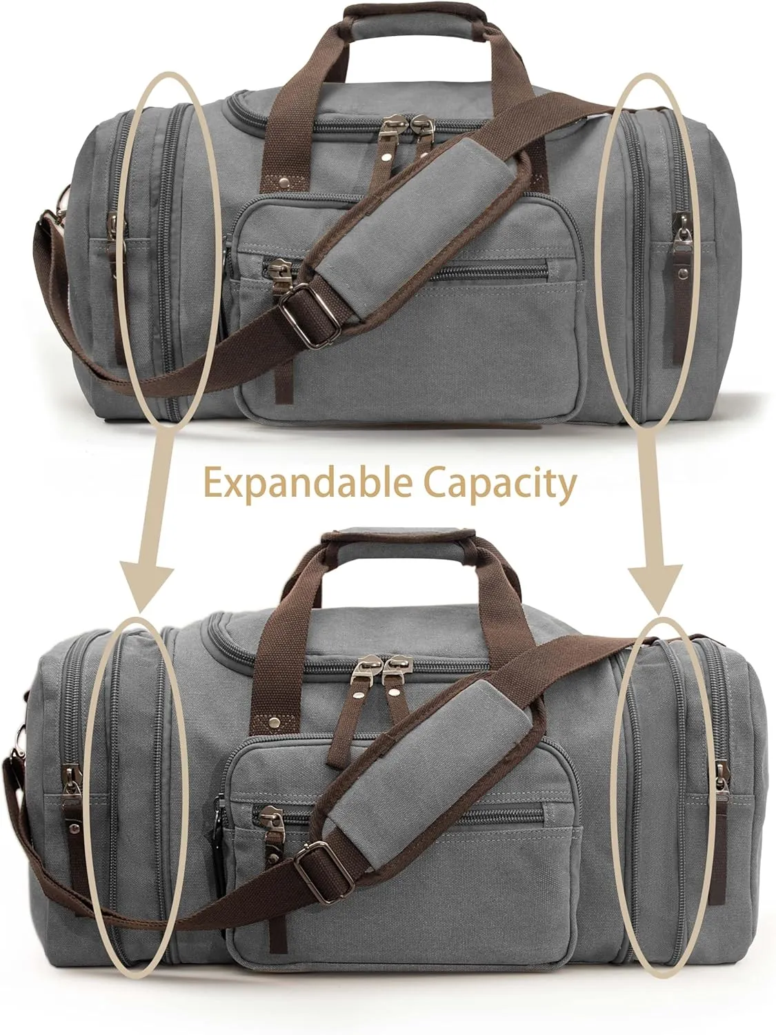 Expandable 60L Large Capacity Canvas Travel Bag With Adjustable Shoulder Strap - Big Heavy Duty Crossbody Weekender - Grey