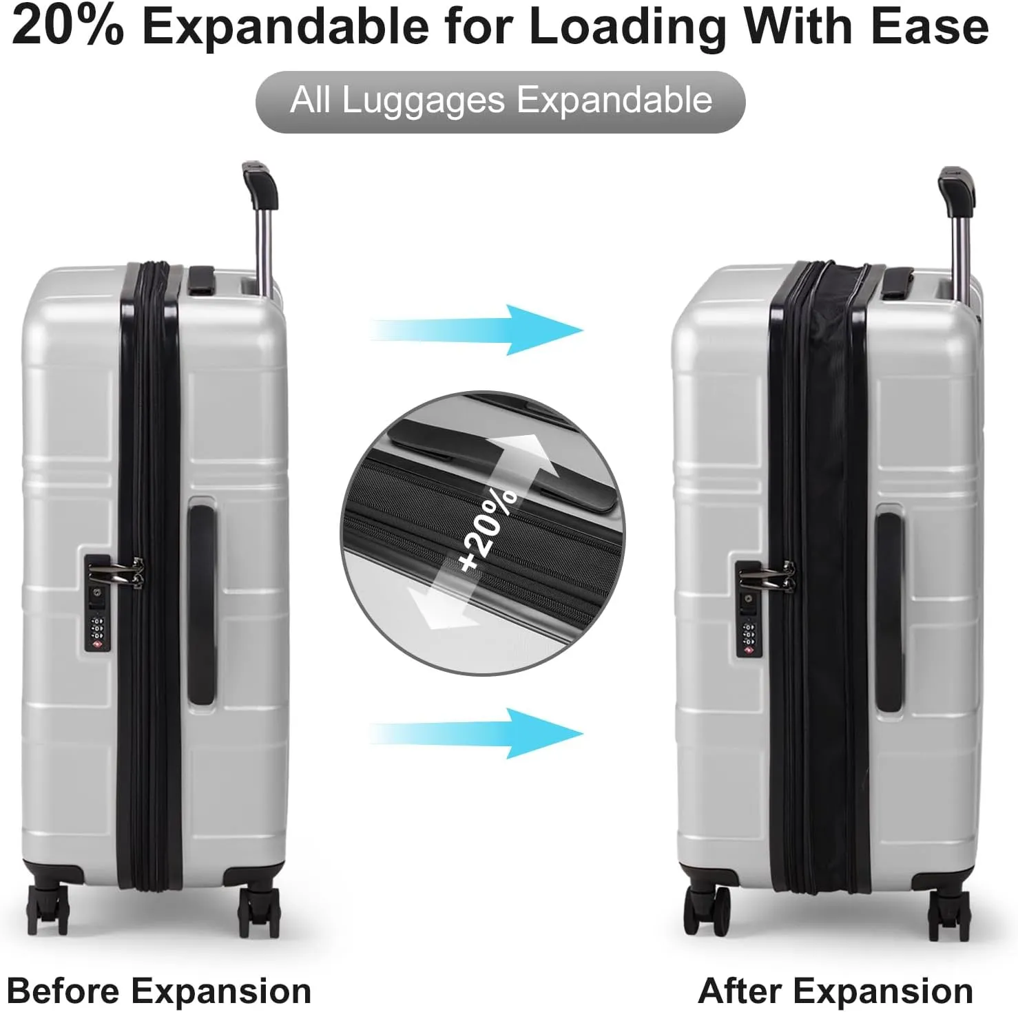 Expandable Carry on Luggage 22x14x9 Airline Approved, ABS PC HardShell Small Suitcase with Wheels, Waterproof Durable Carry on Suitcase with TSA Lock for Travel Business - Silver Gray, 20In