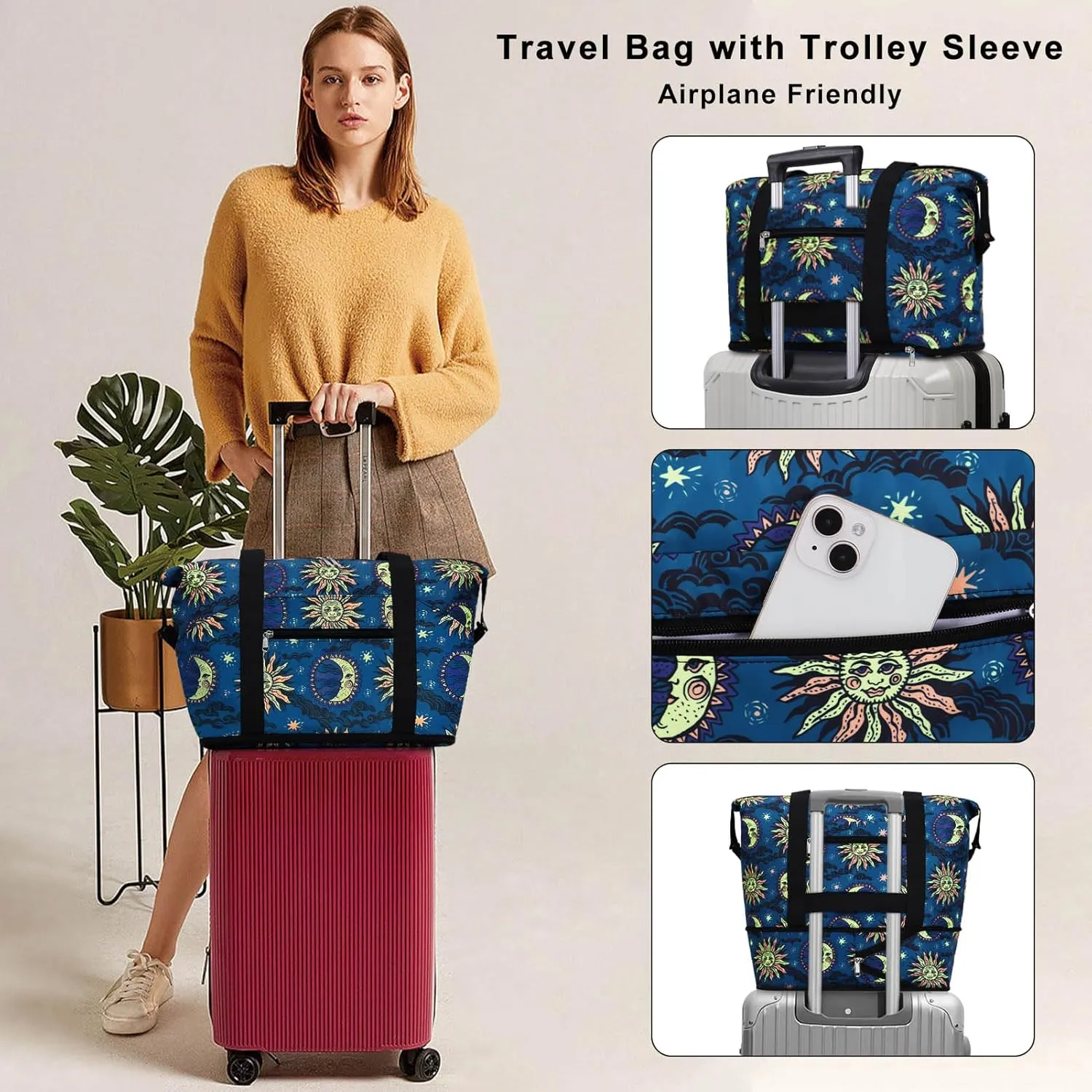 Expandable Duffel Bag for Women with Trolley Sleeve/Wet Pocket Weekender Travel Tote Large Carry On Overnight Luggage