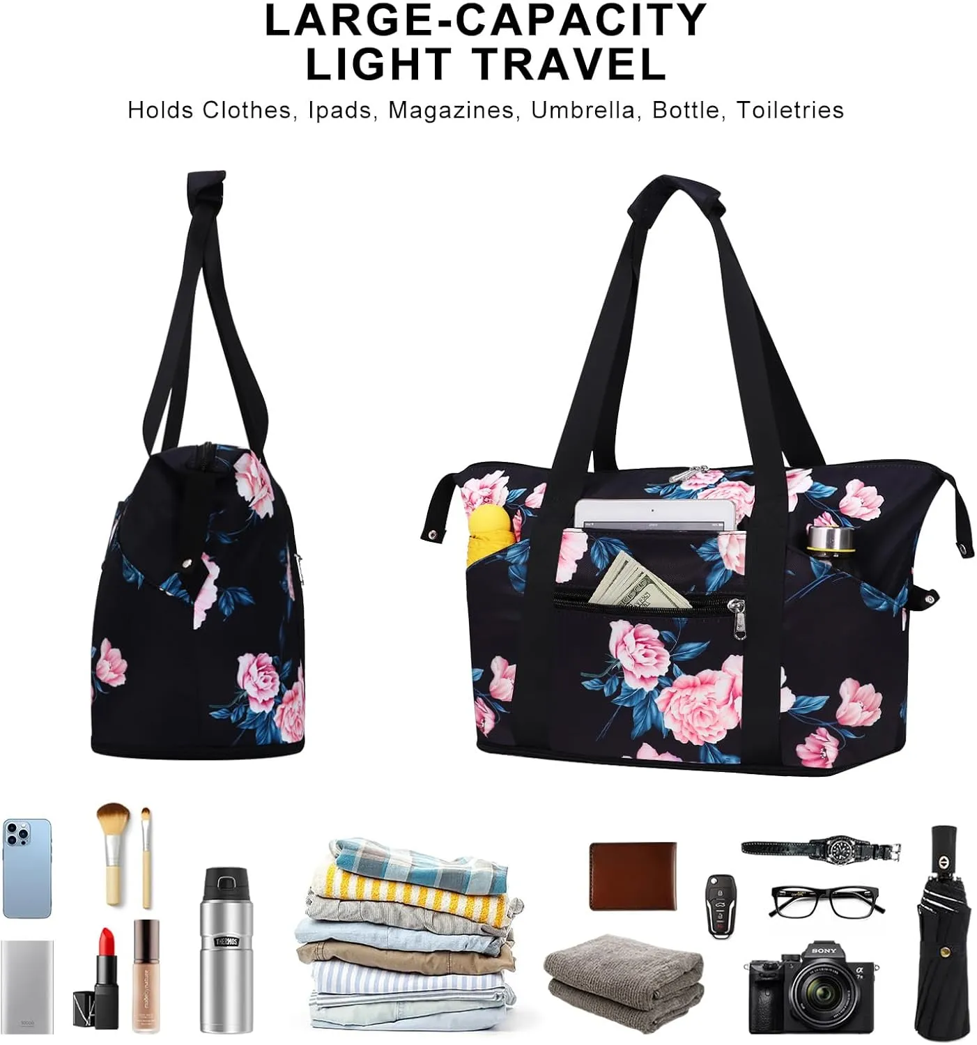 Expandable Duffel Bag for Women with Trolley Sleeve/Wet Pocket Weekender Travel Tote Large Carry On Overnight Luggage