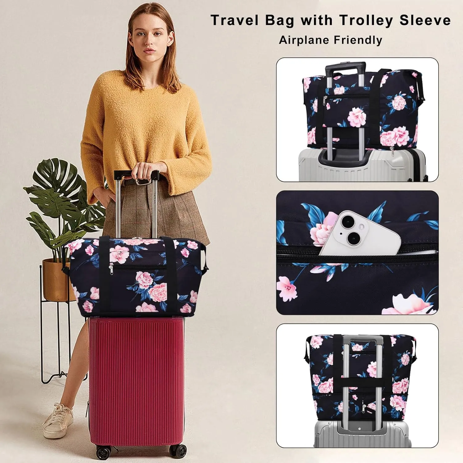 Expandable Duffel Bag for Women with Trolley Sleeve/Wet Pocket Weekender Travel Tote Large Carry On Overnight Luggage