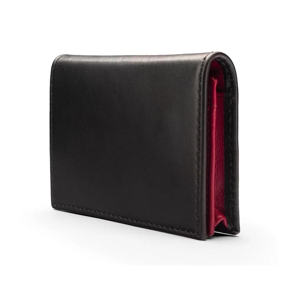 Expandable Leather Business Card Holder With Stud - Black With Burgundy